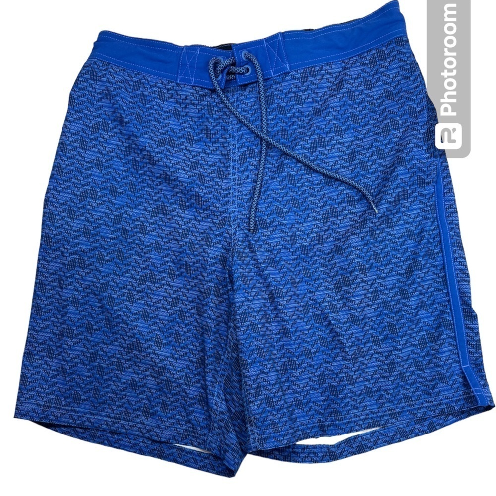 George Blue/Black Chevron Elastic Back Swim Trunks Pull Tie Front 32-34 Medium